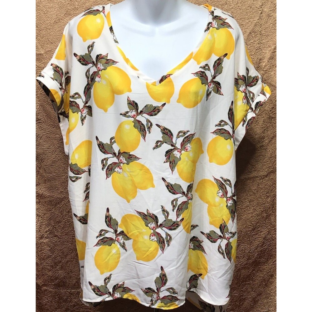 Live 4 Truth Top 2X Wht Yellow Lemons Floral V-Neck Lace Back Tropical Fun
